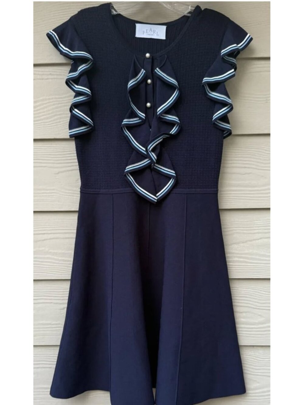 PEARL by Lela Rose NEW Navy Blue Ruffle Knit Dress XS NWT
